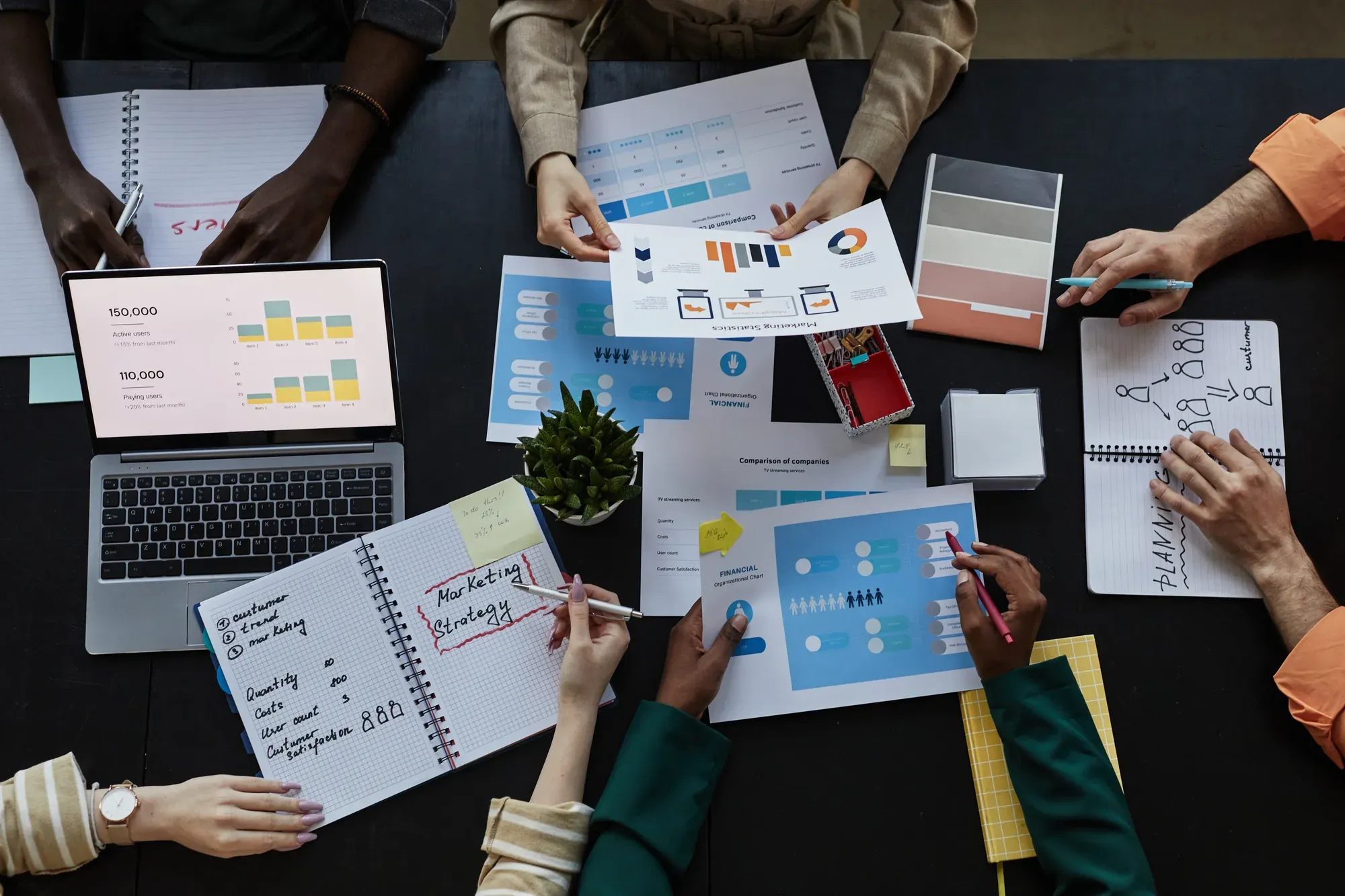 Equipo trabajando sobre gráficos y documentos de estrategia de marketing